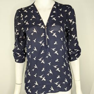 Womens S Blue White Hummingbird Top 3/4 Sleeves